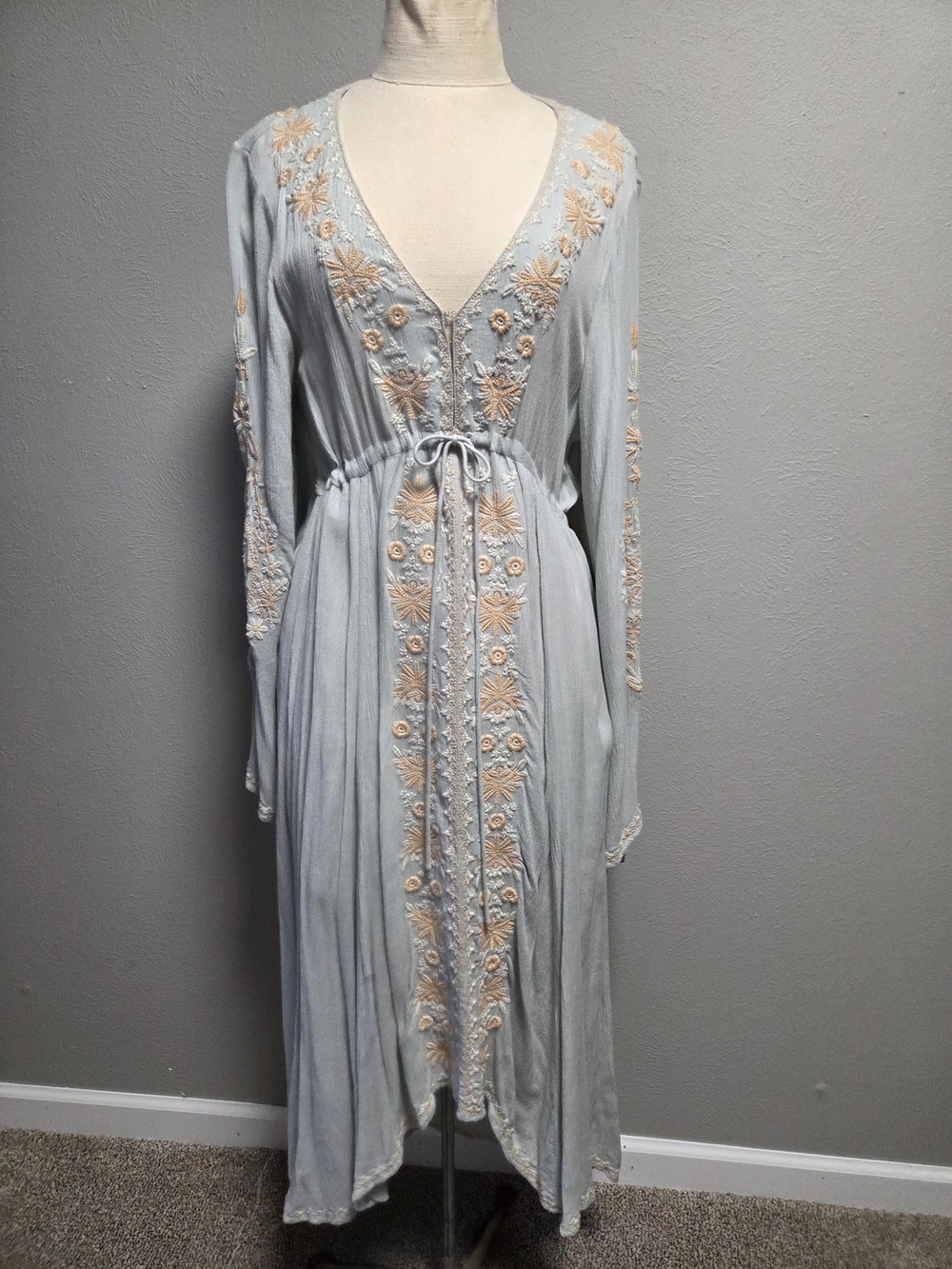 Free People Light Blue V-Neck Embroidered High-Low Dress
